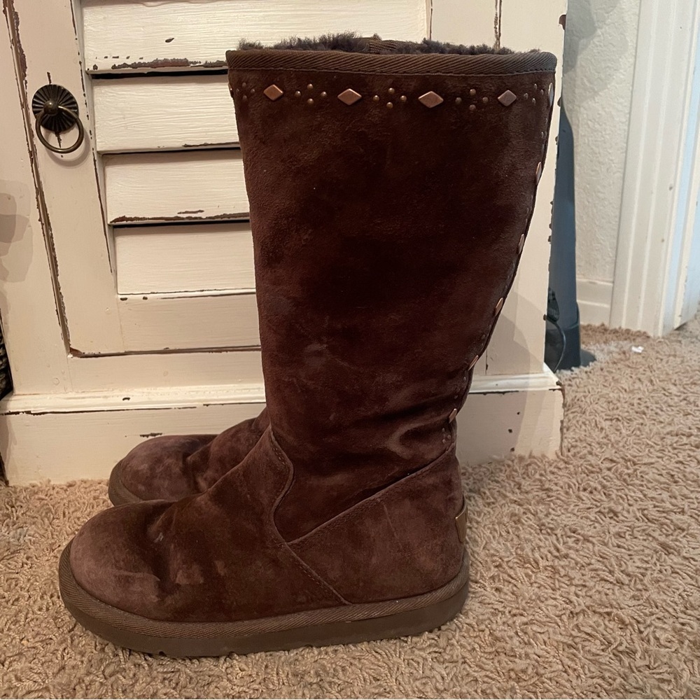 Ugg Australia Joplin Tall Boot Studded Brown Suede Side Zip Size 6 Snow Winter